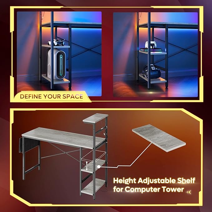Bestier Gaming Desk with LED Lights, Computer Desk with 4 Tiers Reversible Shelves, 51.3 Inch Home Office Writing Desk with Side Storage Bag, Hooks and Height Adjustable Shelf (Retro Grey Oak) - LeafyLoom