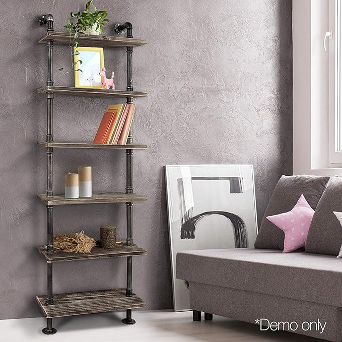 Diwhy 24”width Industrial Pipe Shelves Rustic Modern Wood Ladder Bookcase with Metal Frame,Pipe Wall Shelf,Wood Storage,Home Decor,Display Shelving,Retro Floating Wood Shelving,6 Layer Bookshelf - LeafyLoom