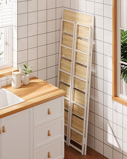 4NM No-Assembly 5 Tiers Folding Bookshelf Storage Shelves Vintage Bookcase Standing Racks Study Organizer Home Office (Natural and White) - LeafyLoom
