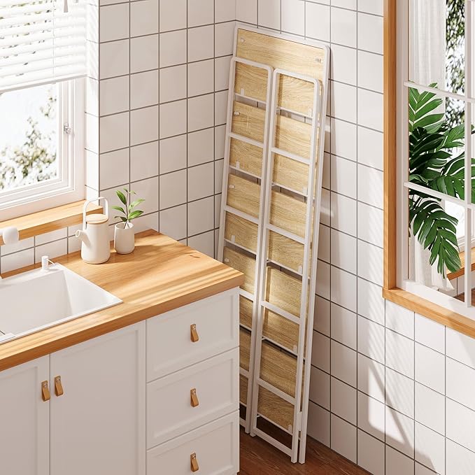 4NM No-Assembly 5 Tiers Folding Bookshelf Storage Shelves Vintage Bookcase Standing Racks Study Organizer Home Office (Natural and White) - LeafyLoom