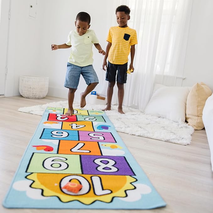 Melissa & Doug Hop & Count Hopscotch Rug (Play Space & Room Decor, Skid-Proof Backing, 27” H x 5.5” W x 5.5” L) - Classic Hopscotch Rug For Kids - LeafyLoom