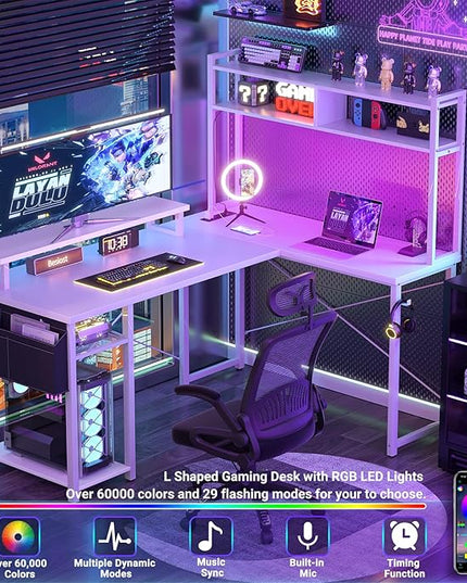 Small L Shaped Desk Gaming Desk with Power Outlets, 48" Reversible L Shaped LED Computer Desk with Monitor Stand & Storage Shelf, Corner Gamer Desk Home Office Desk with Storage Bag, White - LeafyLoom