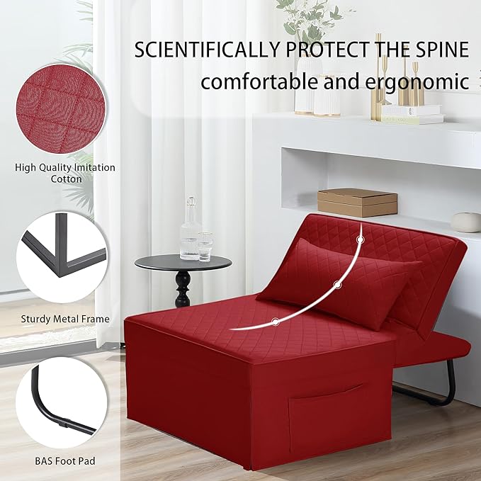 Sofa Bed, 4 in 1 Multi-Function Folding Ottoman Breathable Linen Couch Bed with Adjustable Backrest Modern Convertible Chair for Living Room Apartment Office,Squared-Linen Red - LeafyLoom
