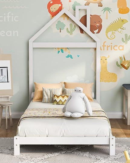 Jintop Twin Size Wood Platform Chimney and House-Shaped Headboard,Bedroom Furniture Bed Frame W/ 10 Slat Support,Easy to Install,for Teens Kids Girls Boys,White - LeafyLoom