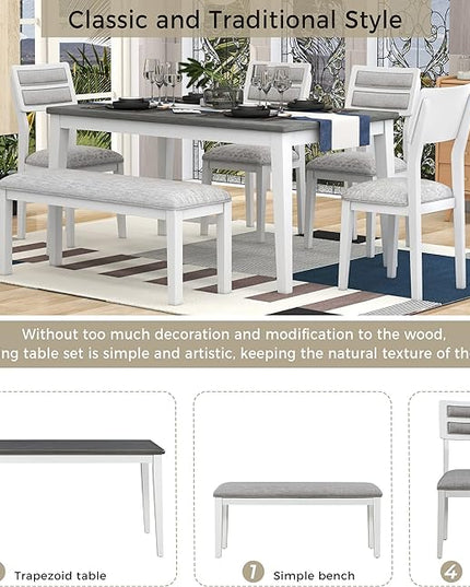 Dining Table Set for 6, Classic and Traditional Style 6-Piece Dining Room Table Set with Backrest, Kitchen Table with 4 Upholstered Chairs & Bench, White+Gray - LeafyLoom