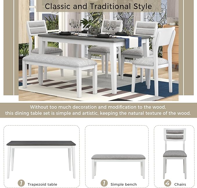 Dining Table Set for 6, Classic and Traditional Style 6-Piece Dining Room Table Set with Backrest, Kitchen Table with 4 Upholstered Chairs & Bench, White+Gray - LeafyLoom