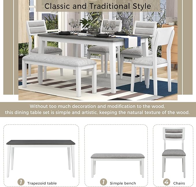 Kitchen Classic and Traditional Style 6-Piece Set, includes Dining Table, 4 Upholstered Chairs & Bench, White+Gray - LeafyLoom