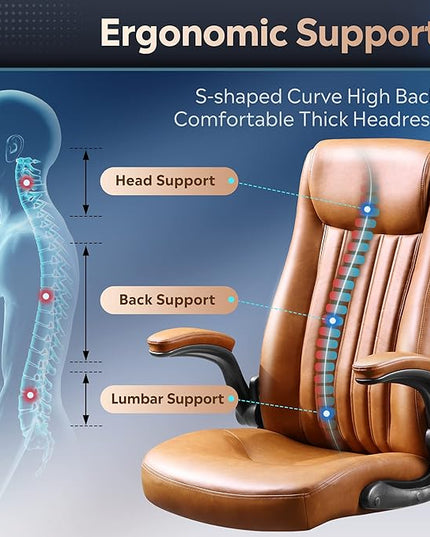 DEVAISE Computer Office Chair, High Back Ergonomic Desk Chair with Adjustable Flip-up Armrests, Lumbar Support and Thick Headrest, Executive Suede Fabric Swivel Task Chair, Brown - LeafyLoom