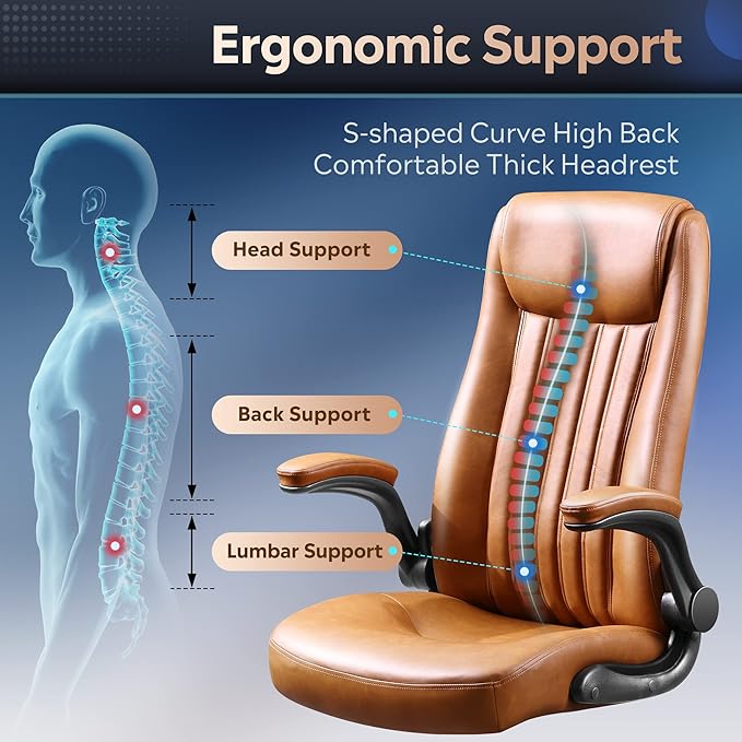 DEVAISE Computer Office Chair, High Back Ergonomic Desk Chair with Adjustable Flip-up Armrests, Lumbar Support and Thick Headrest, Executive Suede Fabric Swivel Task Chair, Brown - LeafyLoom