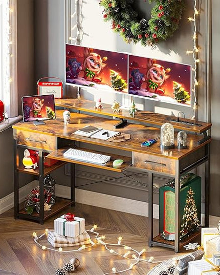 ODK Computer Desk with Drawers & Power Outlet, 55 Inch Office Desk with Keyboard Tray & Storage Shelves & PC Stand, Office Table Work Desk with Monitor Stand, Rustic Brown - LeafyLoom