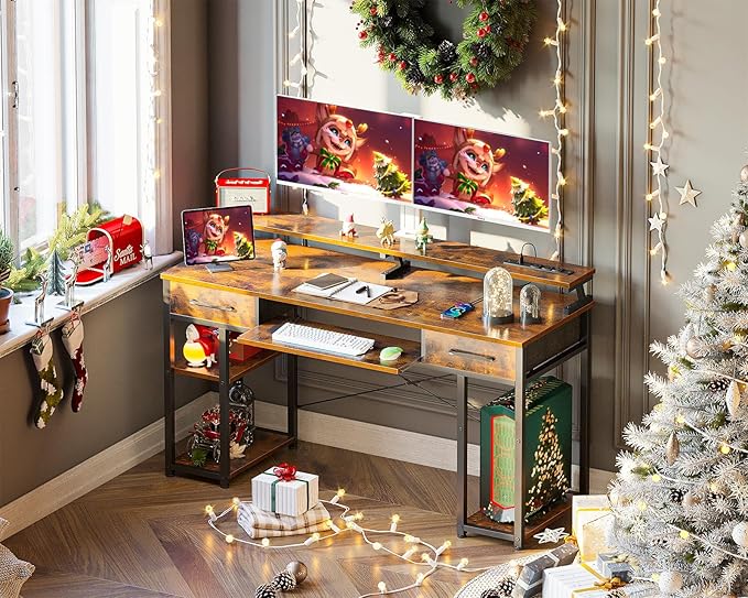 ODK Computer Desk with Drawers & Power Outlet, 55 Inch Office Desk with Keyboard Tray & Storage Shelves & PC Stand, Office Table Work Desk with Monitor Stand, Rustic Brown - LeafyLoom