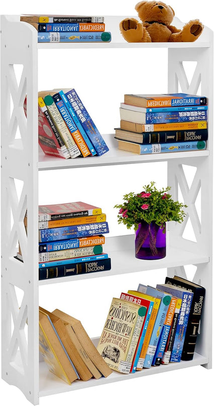 White Bookshelf, White Bookcase, 4 Tier Bookcase, Book Shelf from natural wood, Freestanding Display Storage Shelves Open Bookcase for Bedroom, Living Room and Office (4 Tier, White) - LeafyLoom