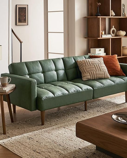 mopio Aaron Couch, Small Sofa, Futon, Sofa Bed, Sleeper Sofa, Loveseat, Mid Century Modern Futon Couch, Sofa Cama, Couches for Living Room, Bedroom (Sage Green, Faux Leather) - LeafyLoom