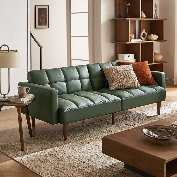 mopio Aaron Couch, Small Sofa, Futon, Sofa Bed, Sleeper Sofa, Loveseat, Mid Century Modern Futon Couch, Sofa Cama, Couches for Living Room, Bedroom (Sage Green, Faux Leather) - LeafyLoom