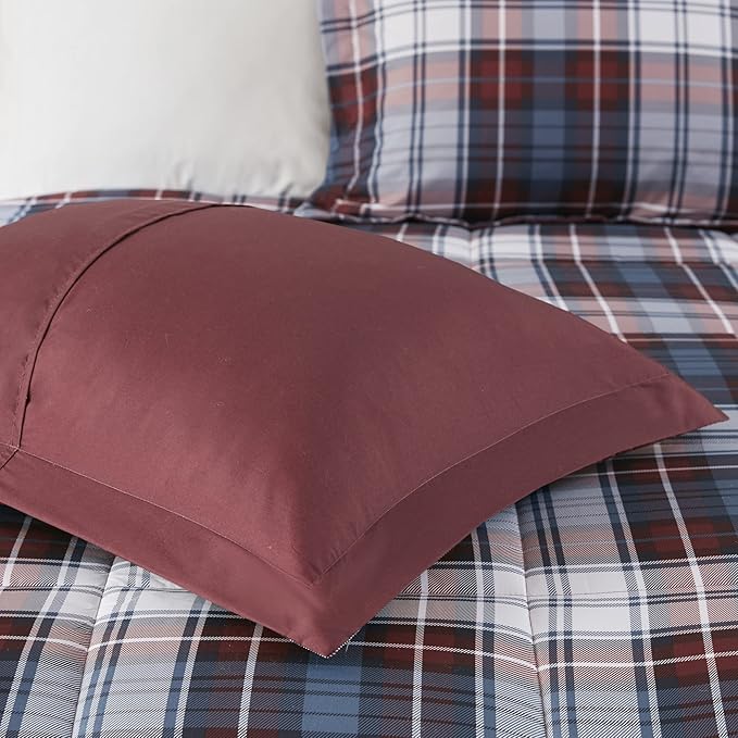 Madison Park Essentials Parkston Plaid Comforter, Matching Sham, 3M Scotchguard Stain Release Cover, Hypoallergenic All Season Bedding-Set, Full/Queen, Red, 3 Piece - LeafyLoom