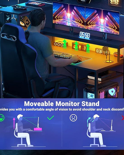Cyclysio 55 inch Gaming Desk with LED Light, Adjustable Computer Desk with Storage Shelves, Home Office Desk with Power Outlets, Computer Gaming Desk with Long Monitor Stand for Small Space, Black - LeafyLoom