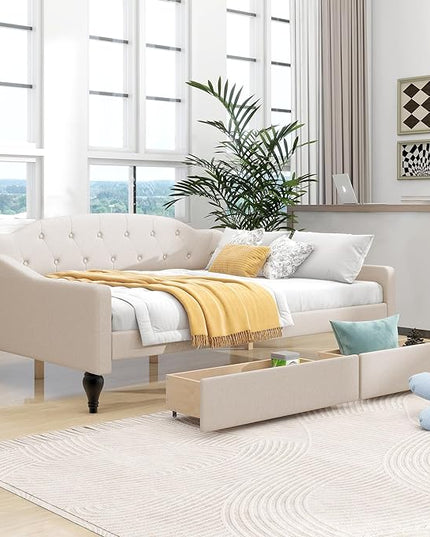 Full Size Upholstered Daybed with 2 Storage Drawers,Linen Sofa Bed W/Button Tufted Back & Nailhead Decorated Waved Shape Arms,Slat Support,Bedframe for Bedroom Livingroom Small Space,Beige - LeafyLoom
