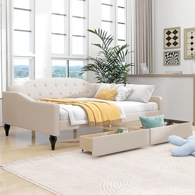 Full Size Upholstered Daybed with 2 Storage Drawers,Linen Sofa Bed W/Button Tufted Back & Nailhead Decorated Waved Shape Arms,Slat Support,Bedframe for Bedroom Livingroom Small Space,Beige - LeafyLoom