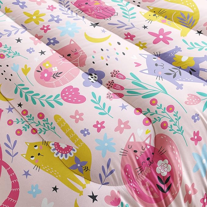 Floral Cat Comforter Queen Size,Pink Cat Comforter Set for Kids Teens Girls,3Pcs Bedding Set Printed Comforter with 2 Pillowcases,Down Alternative,Soft and Lightweight(Pink，Queen Size) - LeafyLoom
