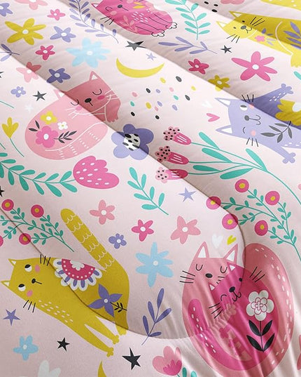 Floral Cat Comforter Full Size,Pink Cat Comforter Set for Kids Teens Girls,3Pcs Bedding Set Printed Comforter with 2 Pillowcases,Down Alternative,Soft and Lightweight(Pink，Full Size) - LeafyLoom