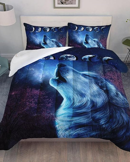 Wolf Comforter Set Galaxy Night Moon Bedding Set 3Pcs Howling Wolf Down Lunar Eclipse Bed Set for Kids Teens Room Decor Wild Animals Comforter with 2 Pillowcases - LeafyLoom