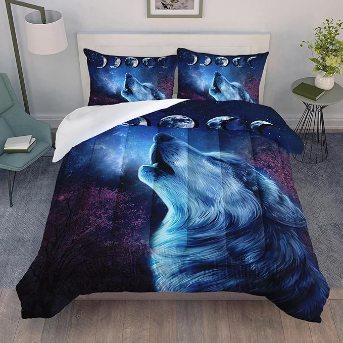 Wolf Comforter Set Galaxy Night Moon Bedding Set 3Pcs Howling Wolf Down Lunar Eclipse Bed Set for Kids Teens Room Decor Wild Animals Comforter with 2 Pillowcases - LeafyLoom