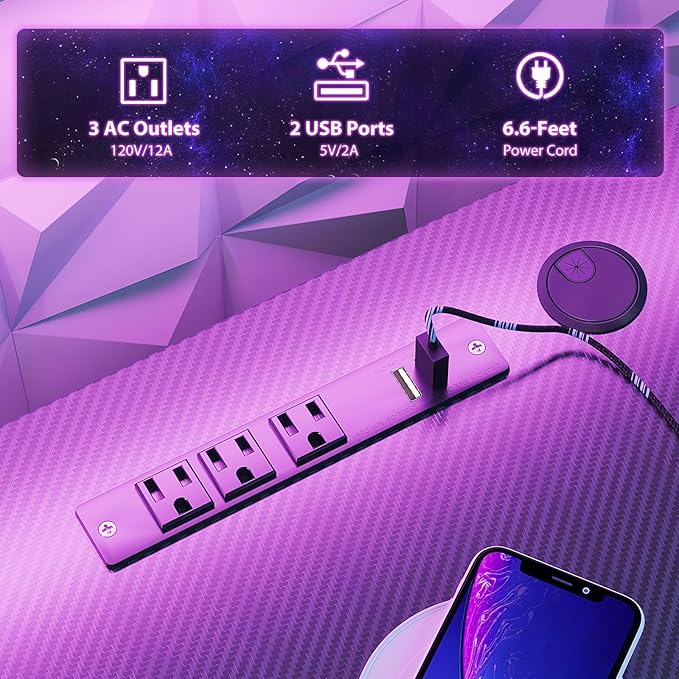 MOTPK Gaming Desk with LED Lights & Power Outlets, 47 Inch Computer Desk Gaming Table with Monitor Shelf, Gamer Desk with Carbon Fiber Texture, Kids Boys Desk Gift for Men - LeafyLoom