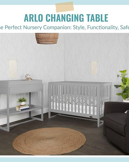 Arlo Changing Table in Pebble Grey, Made of Solid New Zealand Pinewood, Non-Toxic Finish, Comes with Water Resistant Mattress Pad & Safety Strap - LeafyLoom