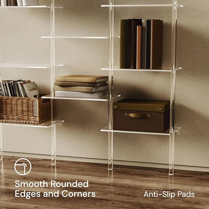 Acrylic Bookshelf, Wall Mounted, 4-Tier Clear Ladder Bookshelf with 11 Open Shelves, Multipurpose Bookcase for Living Room, Bathroom, Office, Modern, 9.5" D x 43.5" W x 59.4" H - LeafyLoom
