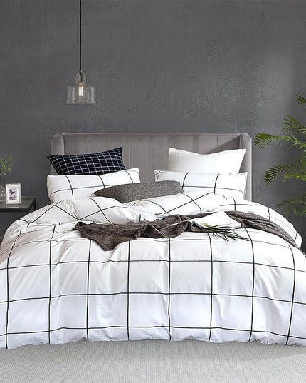 White Grid Comforter White Plaid Bedding Set Twin White with Black Line Stripes Boys Checkered Comforters Bedding Set Girls White Grid Comforter Set Twin - LeafyLoom