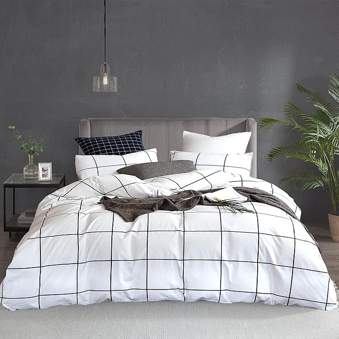 White Grid Comforter White Plaid Bedding Set Twin White with Black Line Stripes Boys Checkered Comforters Bedding Set Girls White Grid Comforter Set Twin - LeafyLoom