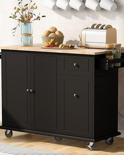 Kitchen Island with Storage, Rolling Table on Wheels w/Drop Leaf, Internal Storage Rack and 3 Tier Pull Out Cabinet Organizer， Spice Rack for Dinning Room - LeafyLoom