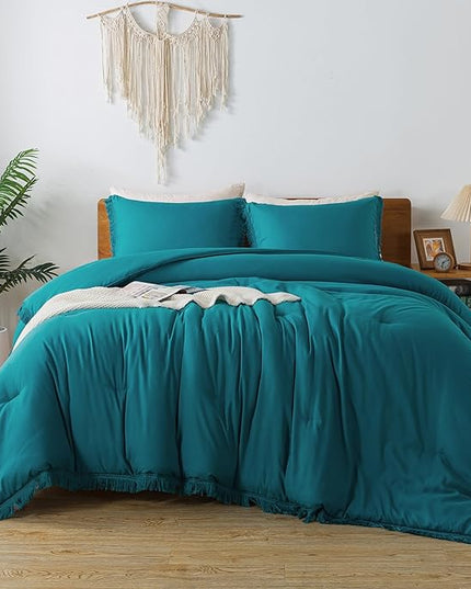 Andency Turquoise Comforter Twin Size, 2 Pieces Boho Teal Tassel Lightweight Bedding Comforter Sets for Twin Bed, Teal Blue All Season Soft Fluffy Fringe Bed Set (66x90In Comforter & 1 Pillowcase) - LeafyLoom