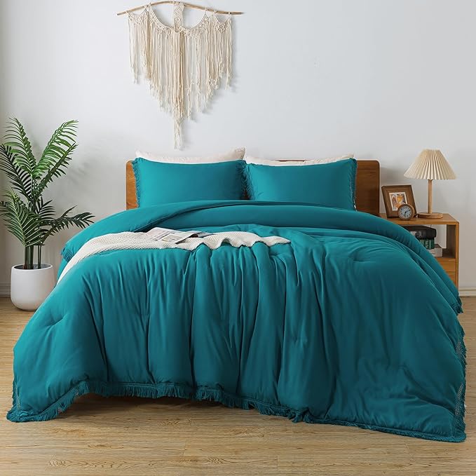 Andency Turquoise Comforter Twin Size, 2 Pieces Boho Teal Tassel Lightweight Bedding Comforter Sets for Twin Bed, Teal Blue All Season Soft Fluffy Fringe Bed Set (66x90In Comforter & 1 Pillowcase) - LeafyLoom