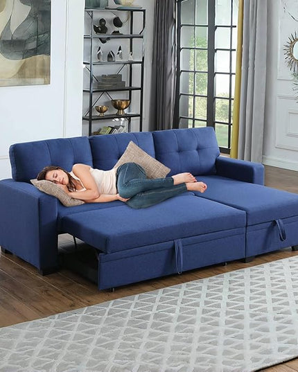 L Shape Sleeper Sofa Bed with Storage, Large Full Size Pull Out Sectional Couch, Futon Chaise Lounge Recliner for Living Room, Apartment, Bedroom, Office, Blue - LeafyLoom
