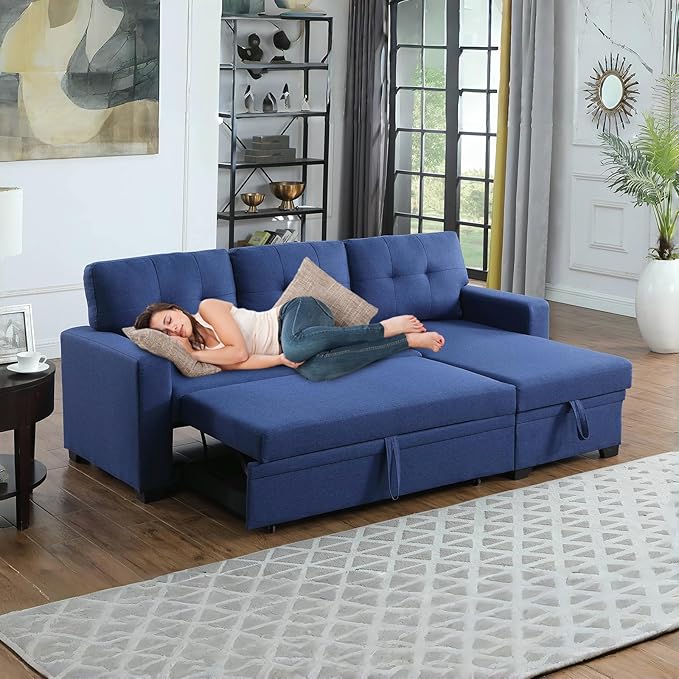 L Shape Sleeper Sofa Bed with Storage, Large Full Size Pull Out Sectional Couch, Futon Chaise Lounge Recliner for Living Room, Apartment, Bedroom, Office, Blue - LeafyLoom