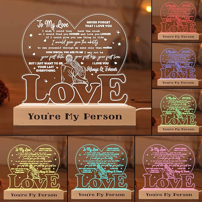 to My Love Wife Gifts from Husband, Romantic Valentines Gift 3D Illusion Lamp Wooden Base USB Powered Acrylic Night Light for Him Her Girlfriend Boyfriend Husband Wife on Birthday Anniversary - LeafyLoom