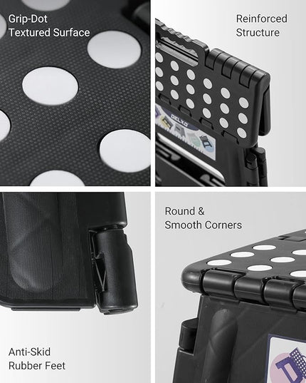 Delxo Folding Step Stool, 13 inch Non-Slip Foldable Stools for Kids & Adults Up to 300 LBS, Step Stool with Handle, Lightweight for Kitchen, Bathroom, Bedroom, Garden, Black, 1PC - LeafyLoom