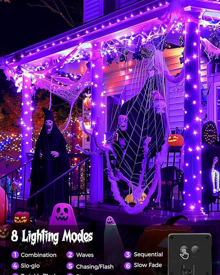 Minetom 2 Pack Solar Halloween Lights Outdoor, Total 80FT 200 LED Halloween String Lights with 8 Modes, Halloween Decoration Outdoor, Waterproof Solar String Lights for Outside Tree Yard Party, Purple Minetom