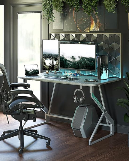 CubiCubi Simple Gaming Desk Z Shaped 47 inch Gamer Workstation, Home Computer Carbon Fiber Surface Gaming Desk PC Table with Headphone Hook, Grey - LeafyLoom