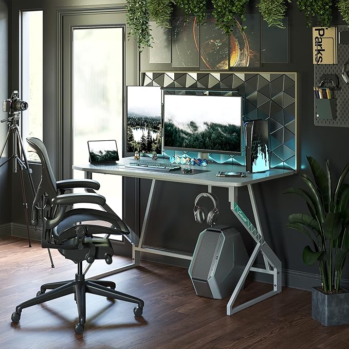 CubiCubi Simple Gaming Desk Z Shaped 47 inch Gamer Workstation, Home Computer Carbon Fiber Surface Gaming Desk PC Table with Headphone Hook, Grey - LeafyLoom