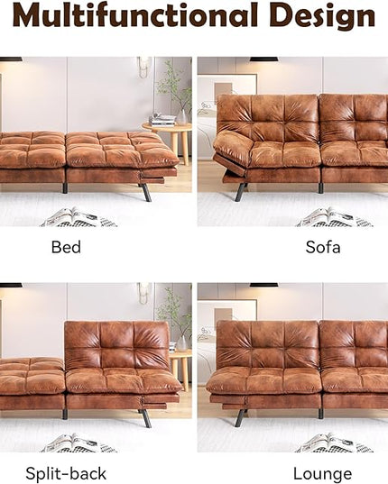 Futon Sofa Bed, Memory Foam Futon Sleeper Sofa Loveseat Convertible Couch Bed for Small Compact Living Spaces,Apartment,Brown Leather - LeafyLoom