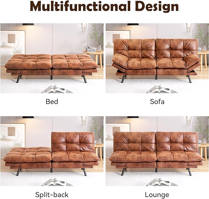 Futon Sofa Bed, Memory Foam Futon Sleeper Sofa Loveseat Convertible Couch Bed for Small Compact Living Spaces,Apartment,Brown Leather - LeafyLoom