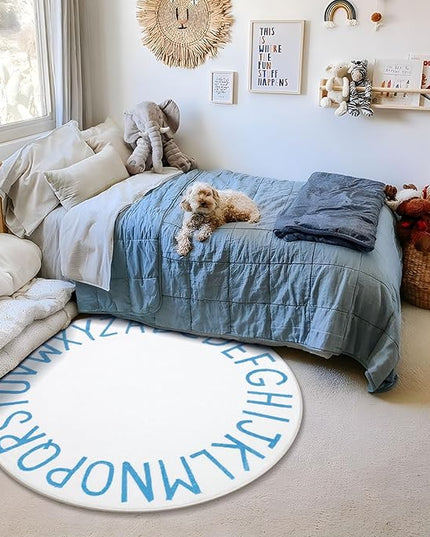Topotdor Round Kids Play Rug Alphabet Nursery Area Rug Extra Large Soft Crawling Play Mat for Children Toddlers Bedroom (47 inch, Sky Blue/White) - LeafyLoom