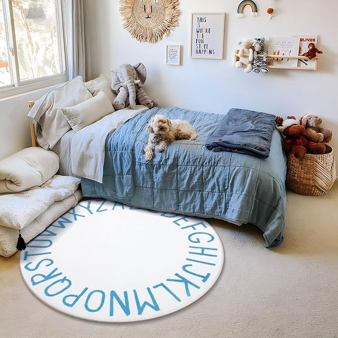 Topotdor Round Kids Play Rug Alphabet Nursery Area Rug Extra Large Soft Crawling Play Mat for Children Toddlers Bedroom (47 inch, Sky Blue/White) - LeafyLoom