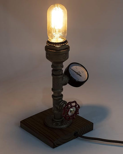 Steampunk Lamp with Dimmer, Dimmable Loft Style Industrial Vintage Antique Style Light with Bulb, Wood Base with Iron Piping Desk Lamp, Retro Desk Lamp LL-025 - LeafyLoom