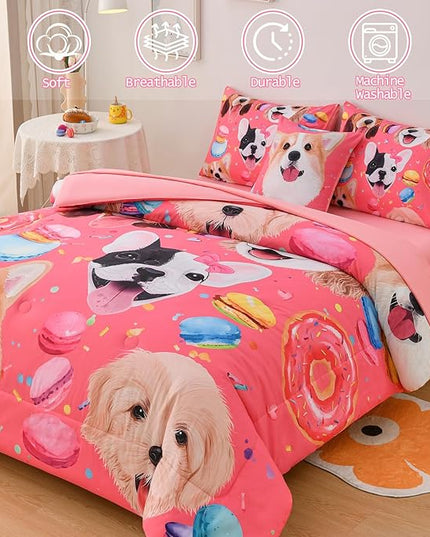 DORCAS Pink Twin Comforter Set for Girls Cute Dog Bedding Sets Twin Girls 6 Pieces Animal Twin Bed-in-A-Bag with Comforter,Sheets,Pillowcases for Kids - LeafyLoom