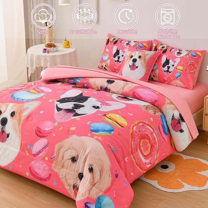 DORCAS Pink Twin Comforter Set for Girls Cute Dog Bedding Sets Twin Girls 6 Pieces Animal Twin Bed-in-A-Bag with Comforter,Sheets,Pillowcases for Kids - LeafyLoom