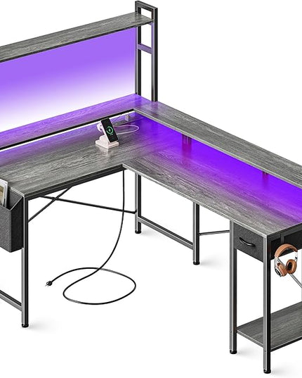 L Shaped Desk Computer Desk with LED Lights & Power Outlets, Gaming Desk with Storage Shelves, Corner Desk Home Office Desks for Bedroom, Grey - LeafyLoom