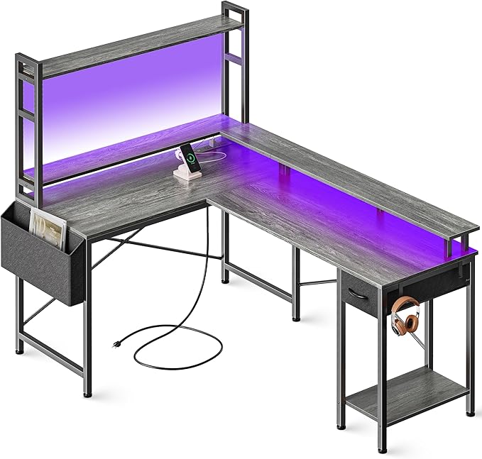 L Shaped Desk Computer Desk with LED Lights & Power Outlets, Gaming Desk with Storage Shelves, Corner Desk Home Office Desks for Bedroom, Grey - LeafyLoom